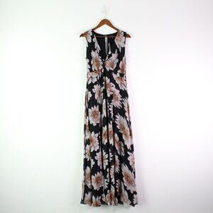 Lulus Ruffle V-Neck Floral Side Slit Maxi Dress Black Size M‎
